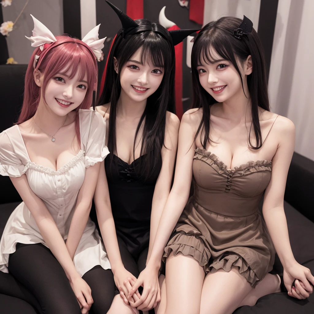 3 girls, cat ears, touching, princesses,corsets, view entire body, charming, multicolor hair, naked, face between boobs, head in boobs,