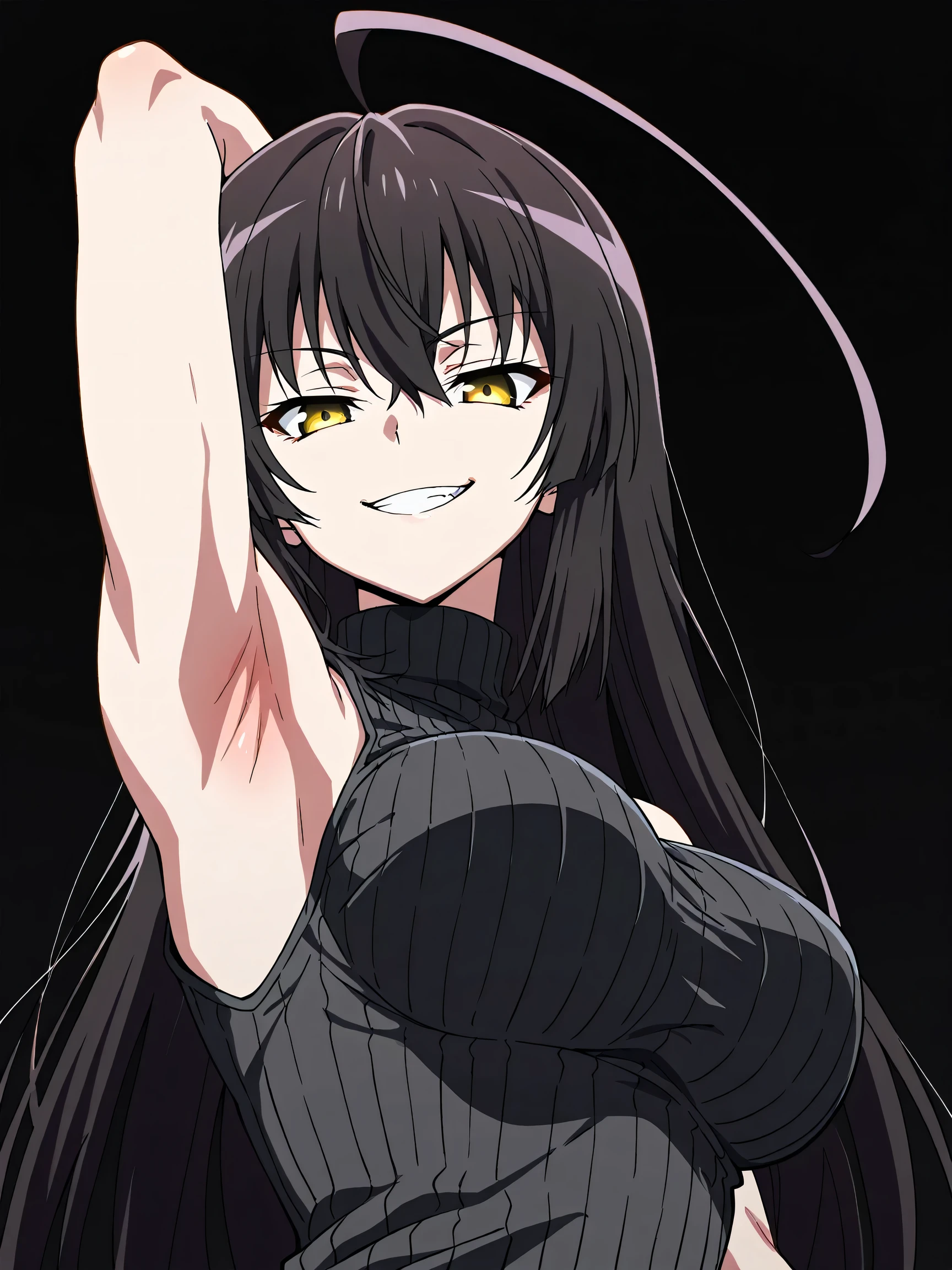 masterpiece, best quality, amazing quality, anime screencap, anime coloring, 1girl, solo, sendai hakurei no miko, black hair, huge ahoge, very long hair, (muscular female:0.9), yellow eyes, large breasts, black sweater, sleeveless sweater, ribbed sweater, turtleneck, bare shoulders, bare arms, arm behind head, armpit, armpit focus, head towards viewer, looking at viewer, direct eye contact, evil smile, grin, teeth, closed eyes, confident, black background, simple background, from side, from below 