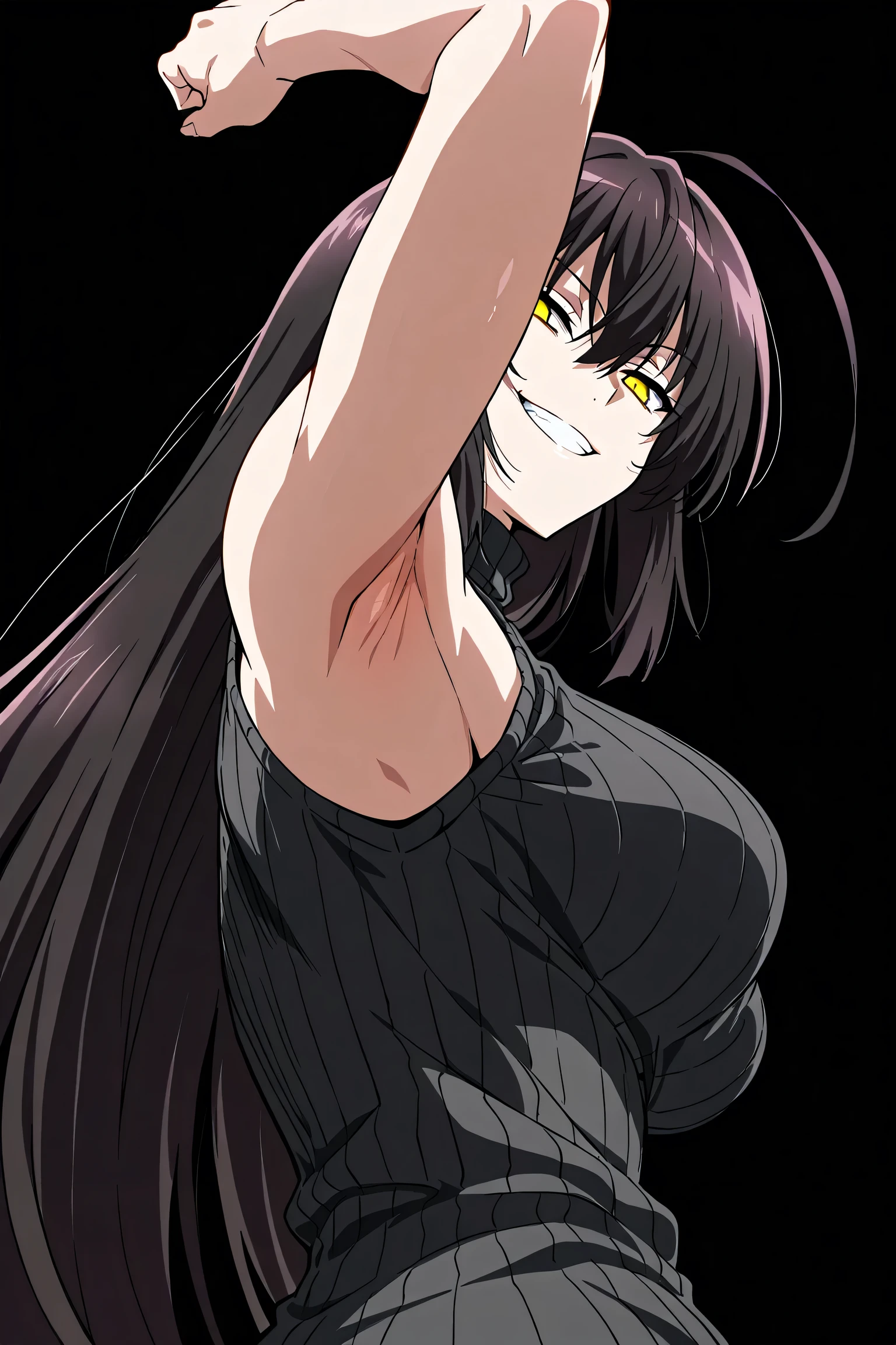 score_9, score_8_up, score_7_up, source_anime, anime screencap, 1girl, solo, indoors, dark room, dark, lights off, feminine, yoru, scar on cheek, cross scar, (long hair:1.1), black hair, yellow eyes, ringed eyes, glowing eyes, feminine, black hair, sweater, ribbed sweater, ribbed, turtleneck, turtleneck sweater, (black sweater:1.1), sleeveless sweater, bare shoulders, bare arms, looking at viewer, eye contact with viewer, facing viewer, evil smile, smug, closed mouth, arm up, raised arm, armpit, from side, from below, armpit up close, close-up of armpit, kabedon, pinning down viewer