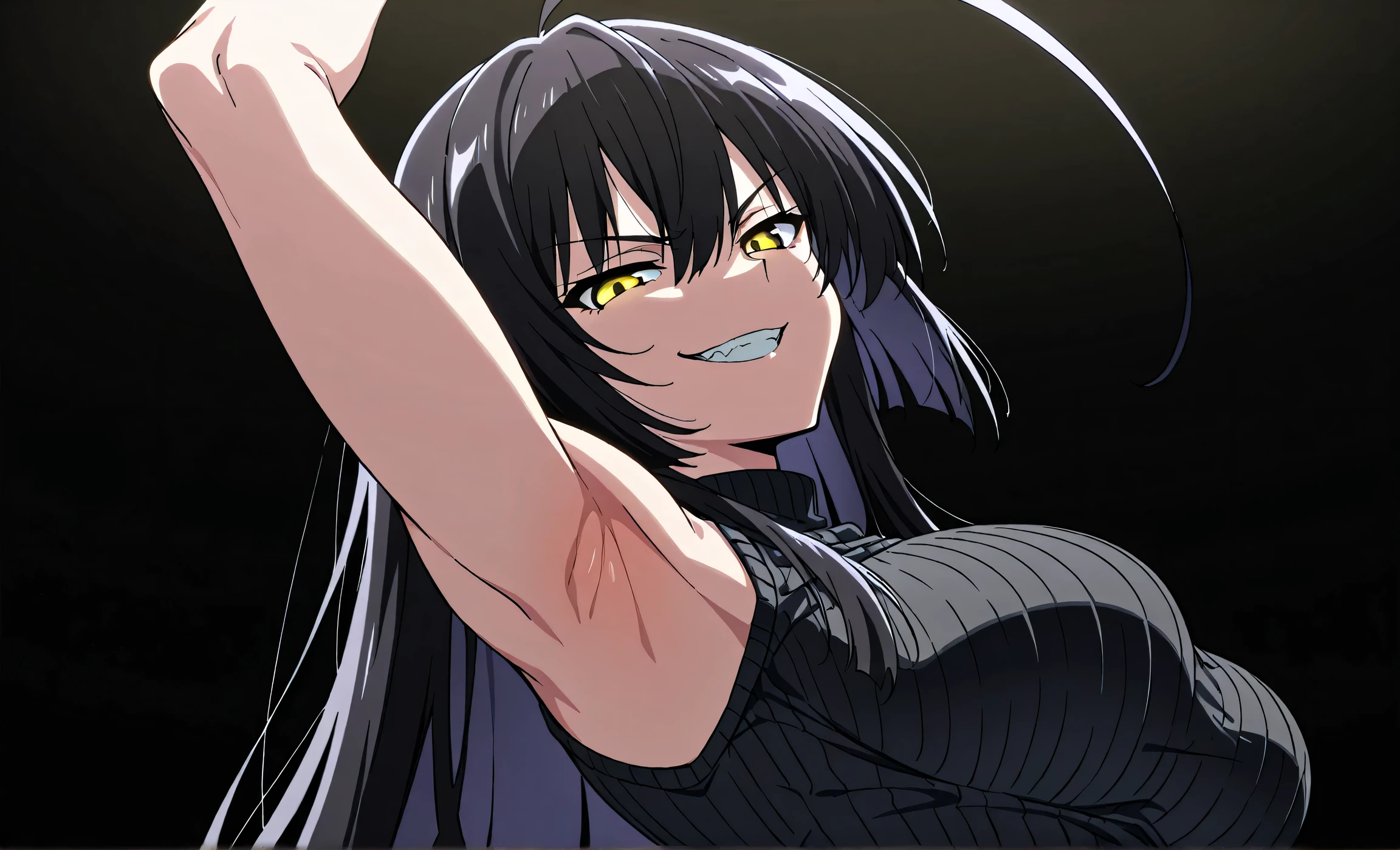 masterpiece, best quality, amazing quality, anime screencap, anime coloring, 1girl, solo, sendai hakurei no miko, black hair, huge ahoge, very long hair, toned, (muscular female:0.9), yellow eyes, large breasts, black sweater, sleeveless sweater, ribbed sweater, turtleneck, bare shoulders, bare arms, arm up, raised arm, armpit, armpit focus, head towards viewer, looking at viewer, direct eye contact, angry, evil smile, grin teeth, half-closed eyes, confident, black background, simple background, from side, from below,