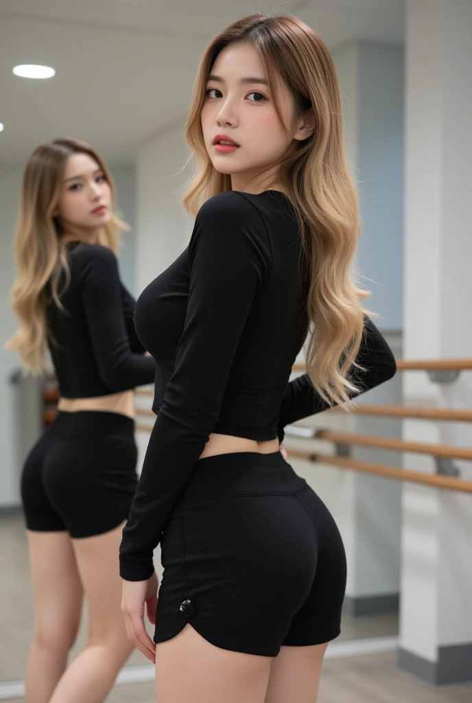 (8k, RAW photo, best quality, masterpiece:1.2), (realistic, photo-realistic:1.37),1girl, professional lighting, photon mapping, radiosity, Korean Doll, leggings, gym, big butt