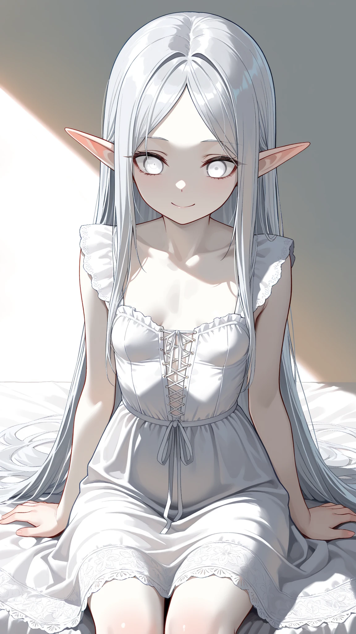 Adult anime girl with brown skin, green eyes, white hair and elf ears wearing a white dress