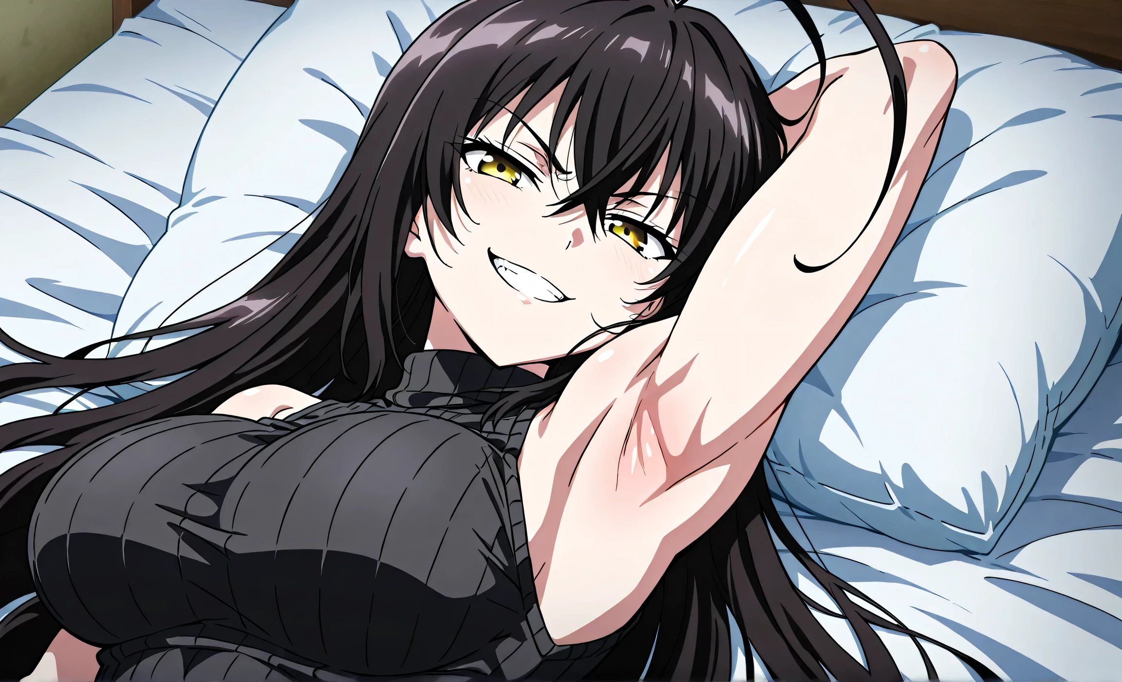 mature woman, tomboy, hot face, crazy smile, excited expression, crazy face, (berserk eyes), hazel eyes, (long hair, messy hair, dark brunette hair), (tall, fit body, strong body, mature body), large breast, loincloth, bra, bedroom, showing off body, revealing pose