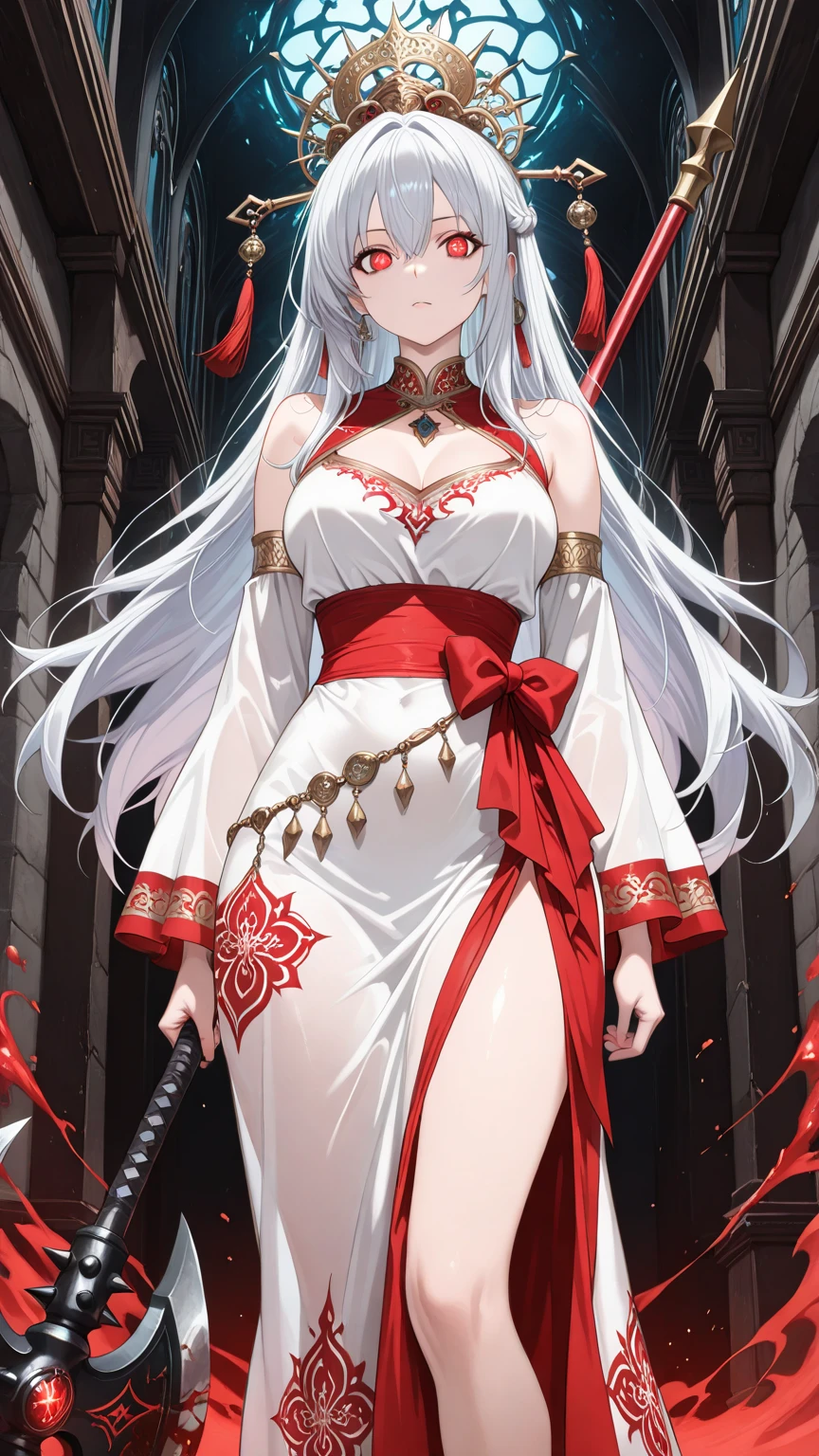 Girl with white hair and red costume holding sword, See-through sheer nipples、Good body shape full body with good style、nakeness、cushart krenz key art feminine, epic light novel art cover, overdetailed art, Detailed key art, epic light novel cover art, key art, official artwork, cyarine, Official art, high detailed official artwork, fronds, High-quality art style, zerochan art