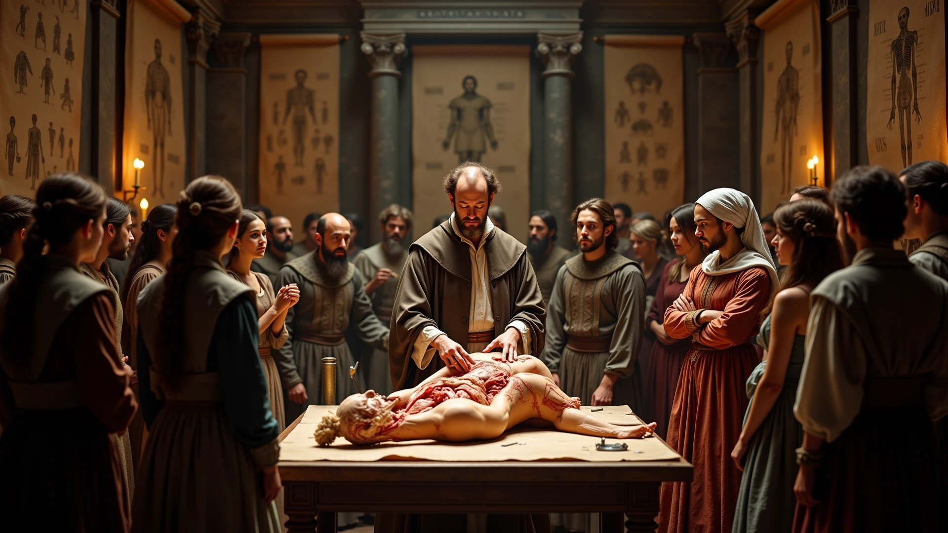 Debauchery and lechery of roman people with their Caesars on the left side, persecution and martyrdom of christians on the right side, divided by a dark wooden cross splattered with a little blood.