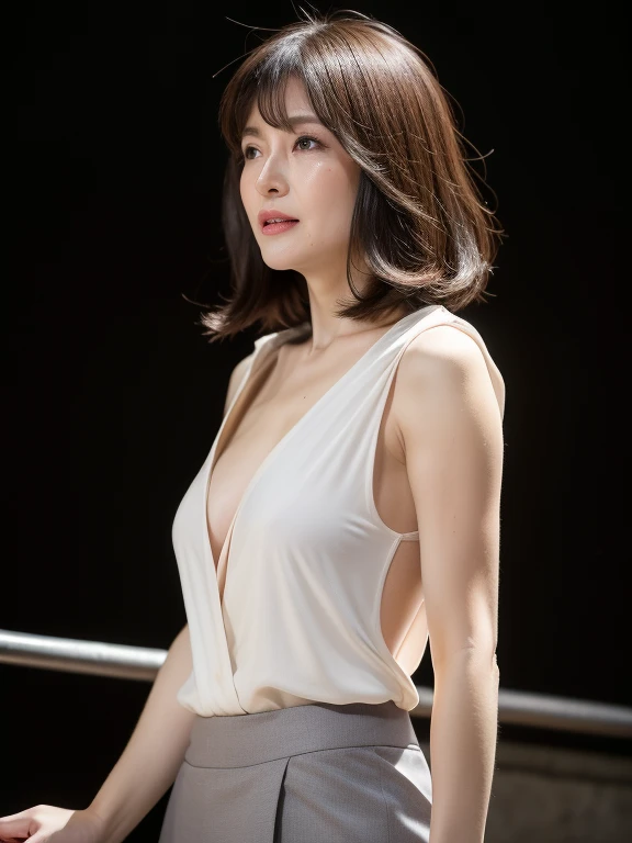 ((Highest quality)), ((masterpiece)), (detailed), Ultra cinematic, Blue hour, Ultimate ultra Photorealistic, ultimate high-quality 32k Leica M5 photo, A cowboy shot photo,  a42yo ultimate beautiful & elegant Motherhood Japanese actress,  looking at viewer, very embarrassed, much blush:1.9, 168cm,65kg,(She has a very intelligent and ultimate exquisite beautiful Japanese face&black eyes, pointy nose, ultra detailed face, ultimate exquisite nice-proportioned body and Décolletage and hips , black elegant&cute  short  bob, oval face, very blushing cheeks, very sweaty , ultimate well-proportioned face, seductive &shy smile, seductive large hips ,Curvaceous physique fascinating lovely body&Sensual proportions,  black elegant cute short bob, very light naturally makeup:1.2), (a simple white very just fit pure  v-neck t-shirts very drenched in sweat and short pants), in dark Inside the tent at the rainy campsite