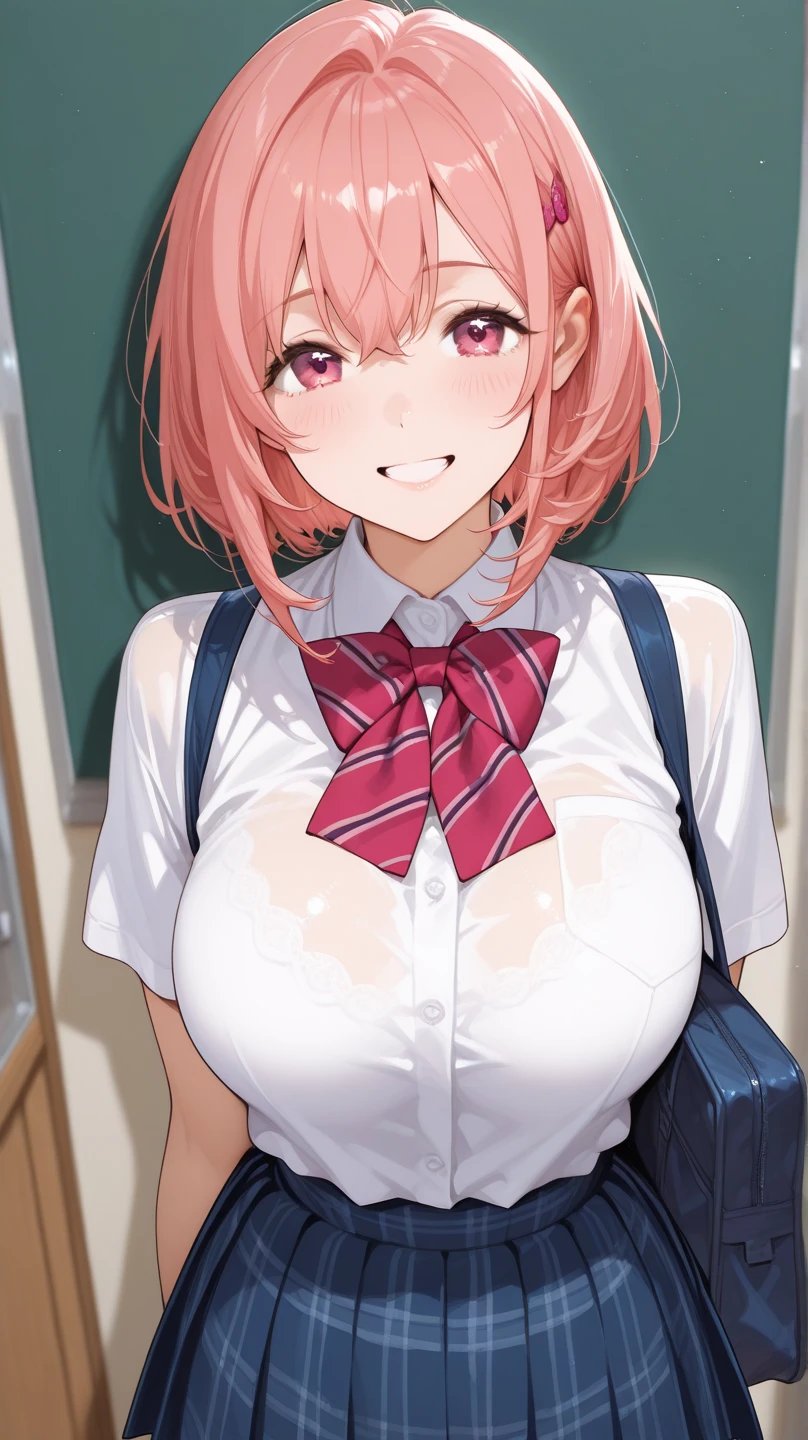 By horosuke,
Jougasaki mika, idolmaster cinderella girls, gyaru, cowboy shot, straight-on, in classroom, skirt lift, blush, pink hair, ponytail, open shirt, ribbon, plaid_skirt, black panties, bra, official art, amazing quality, nsfw