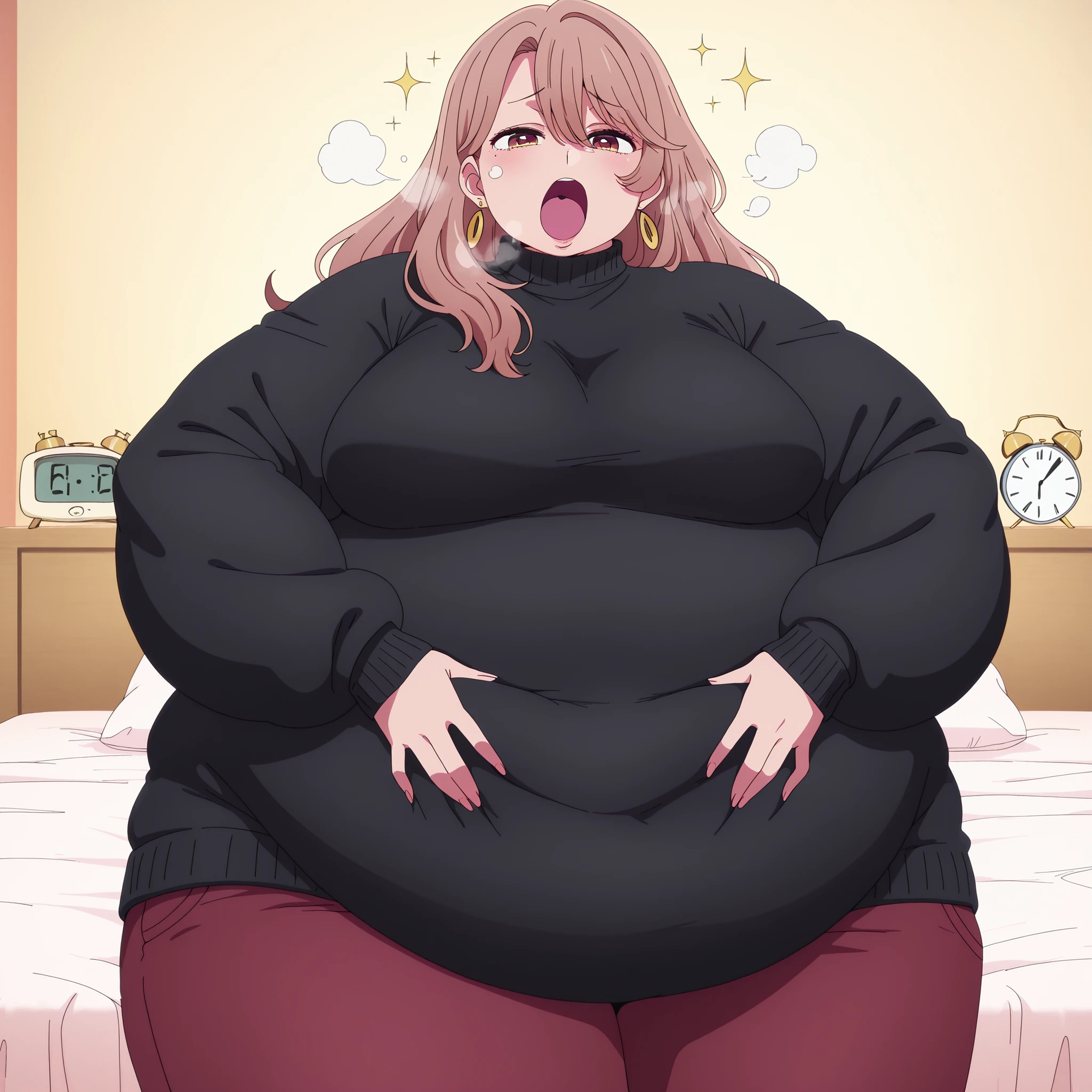 Extremely obese woman, wearing a loose pink dress, fat blob, far rolls, immobilized by her weight, very long wavy neon pink hair, a big belly, saggy belly, gluttony, hanging belly, sitting on a chair