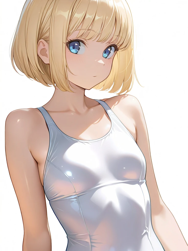Blonde hair, short mash hair, turquoise eyes,A girl with impressive blonde hair、hair ornaments、short bob、hot pants、smile、dynamic pose, Pink bondage suit, mocking smile