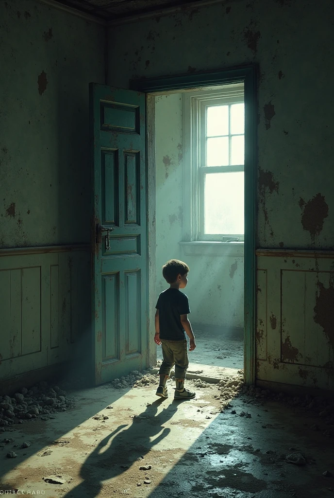 An boy in a dark, eerie room with flickering lights curiously looking at an old shoe box on top of a closet, atmosphere of fear and horror