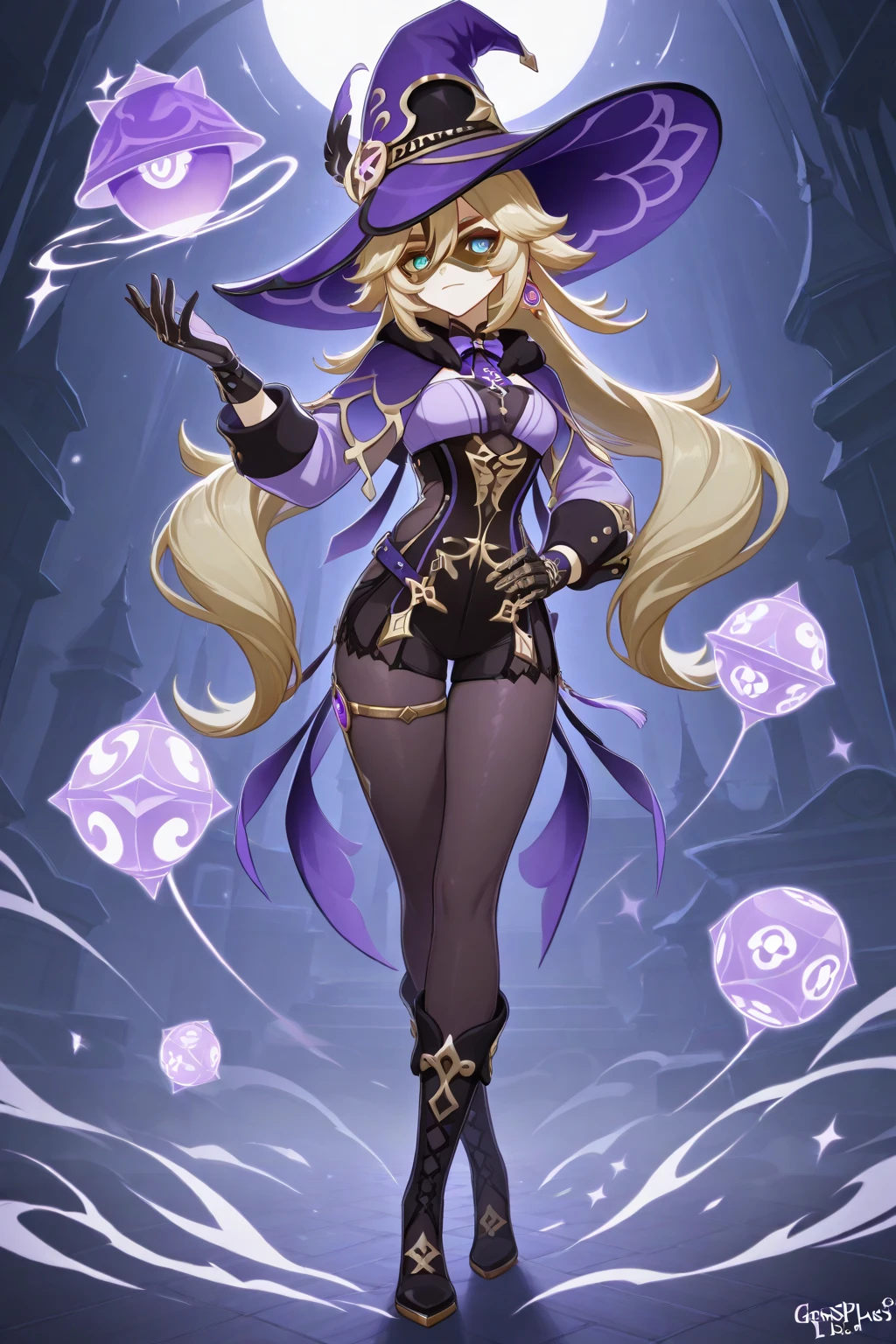 <lora:Iota:0.8>,centered, award winning photo, (looking at viewer:1.2), | Haunter_Pokemon, floating | crescent moon, graveyard, | bokeh, depth of field, cinematic composition, | <lora:Haunter_Pokemon_Anime:0.9>, aalillie, 1girl, green eyes, smile, very long hair, blonde hair, long blonde hair, (braid:1.1), bangs, medium breasts, hair ribbon, frilled choker, criss-cross halter, (purple dress dress:1.1), sleeveless dress, high-waist skirt, backless dress, waist bow, black detached sleeves, frilled sleeves, small top hat, <lora:lillie_(pokemon)_v1:0.7>,