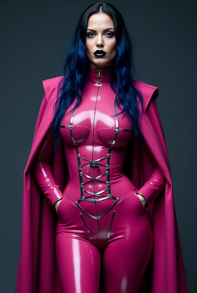 Photo of lady gaga Morticia addams, 4K texture, metallic black dress with diamonds,neon,extravagant pink hair, 8k image, haute couture, flashes, high image quality,neon dress, realistic face, various body poses, full body, 8k image, sharp image,HD