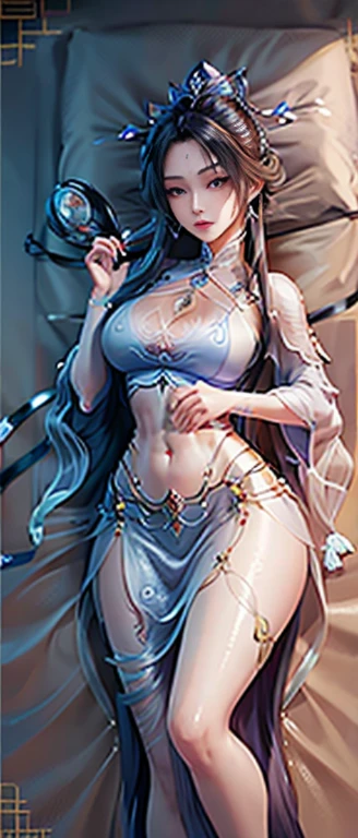 Model: long wavy black hair, full dark lips, Smoky eyes, Topless, Naked, Lush breasts, big breasts BREAK, Setting: Room with black light, Broken glass, Crystals reflect light, neon lights, BREAK, bodypaint: Polychromatic geometric patterns, Torso cover, Arms and legs, BREAK, Accessories: Chrome-plated chains with torn body, Silver Choker, black feathered white black wings, Naked, Topless, naked body,BREAK, the pose: on a bed,The head is tilted upwards, looking forward. Love in love,apaixonado. up close