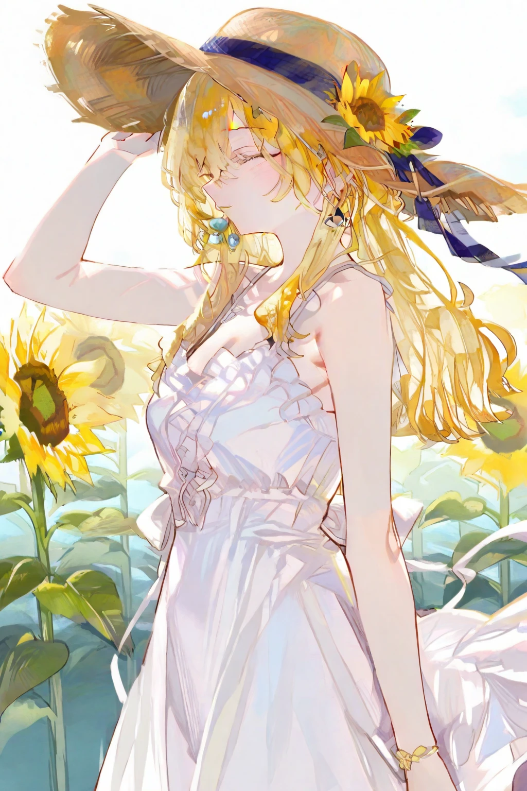 One Girl、woman、blush、cute、Portrait Global Illumination, hdri, Scattered beneath the surface, masterpiece, 4K, Ray Tracing, beautiful, sharp, Smooth Skin,Simple Background、White background、Anime Painting、blonde hair、long hair、White dress、oshino shinobu、, pointy ears,、Straw hat、Attractive thighs、summer、sunflower、Sweat、looking back