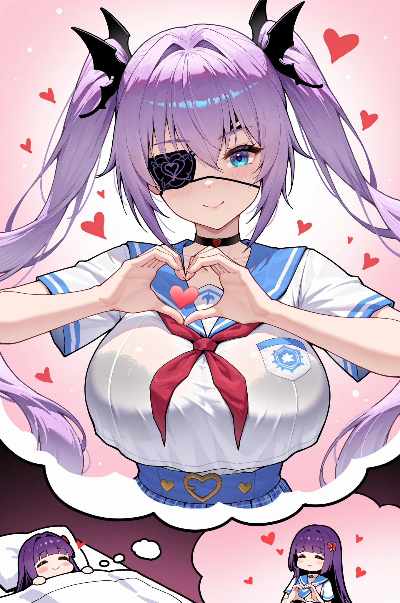 xiangao,cute woman in school uniform, with eyepatch, dreaming of a magical fantasy version of herself in a fantasy costume, heart hands on breast