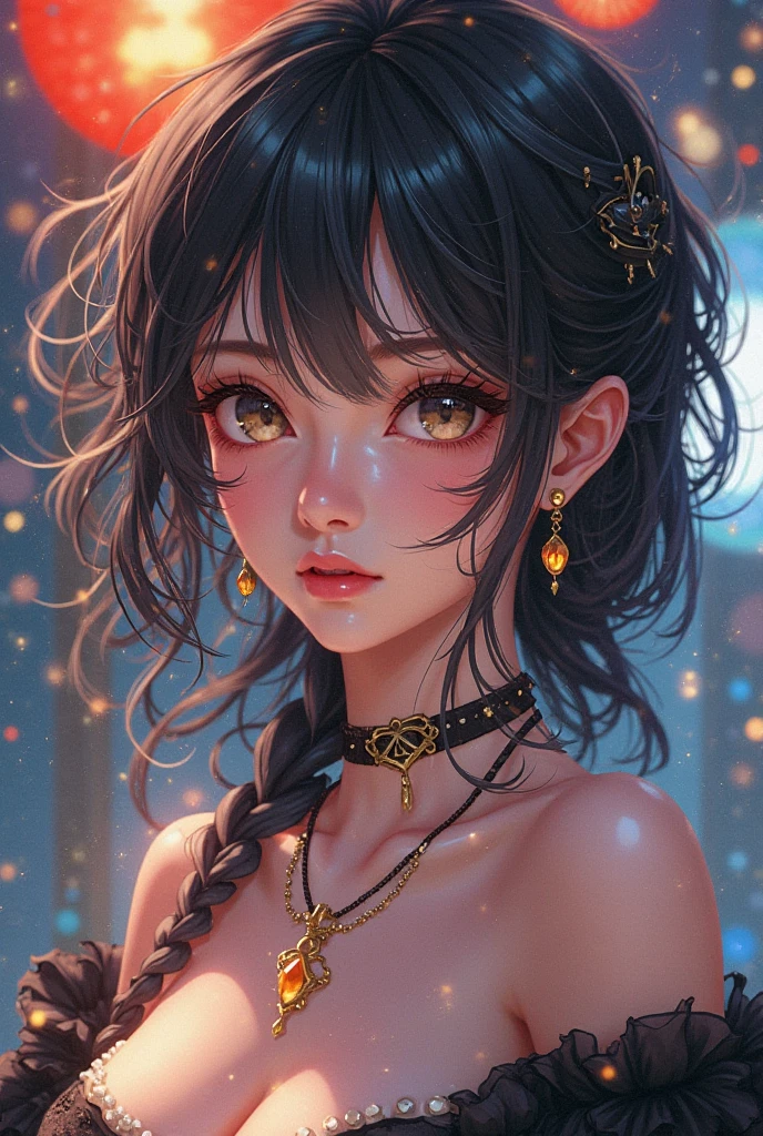 masterpiece, best quality, 1girl, outdoors, black hair, glowing, night sky, yellow eyes, looking back,, long hair, butterfly, water,
