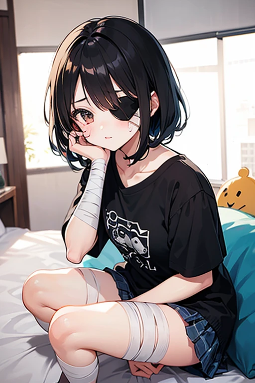 1girl, solo, one eye closed, blue eyes, flat chest, short hair, black hair, ((yellow t-shirt)), black shorts, (seiza), upper body, sitting on bed, bedroom, window, morning, yawning, sleepy, ((masterpiece, illustration, best quality))