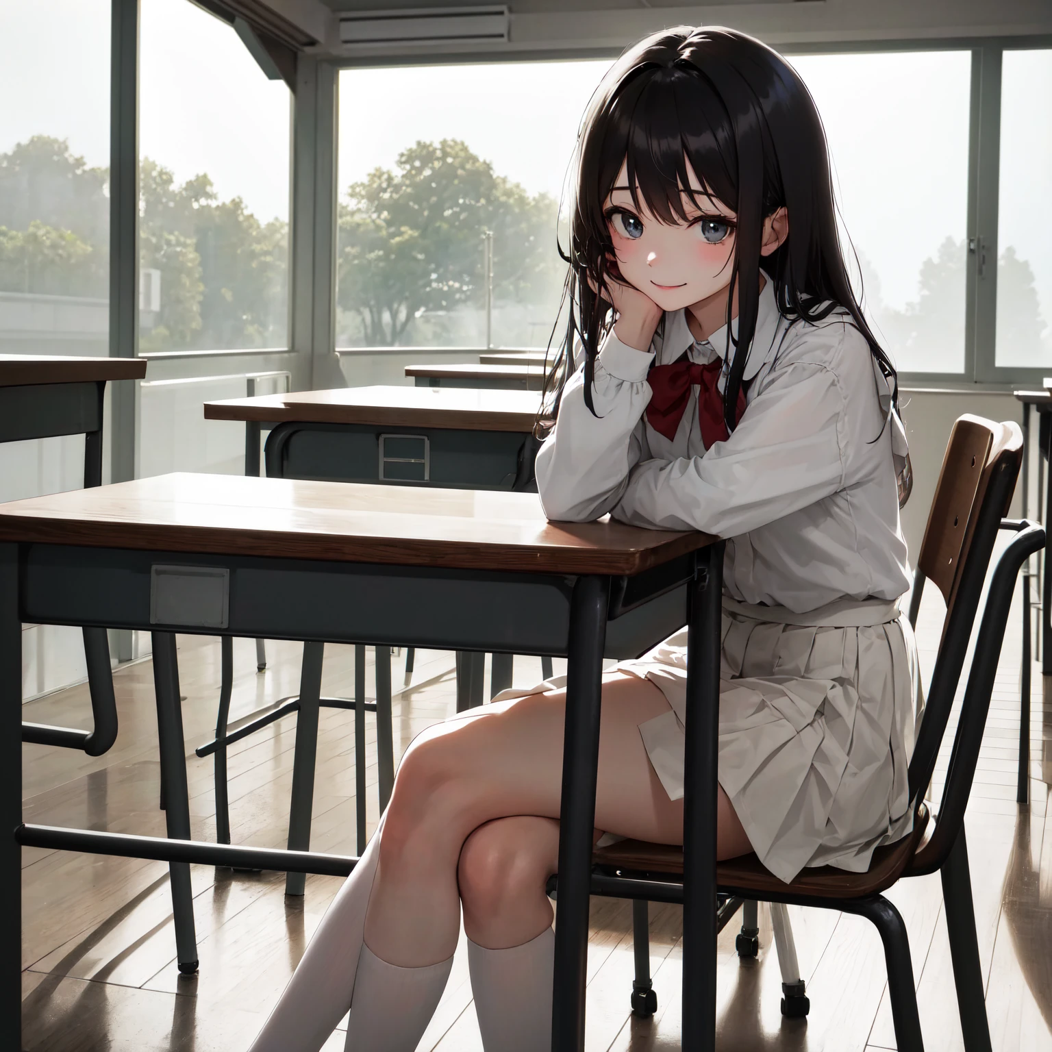 Japanese School, crass room, desk work, Chair, Beautiful High School Girl, High school boy sitting upright on floor, Blazer, tie, high socks, Loafer schoolgirl, High school girl sitting on chair, Schoolgirl crossing her legs, Looking down, View from your feet, Sullen expression, Girl showing the soles of her feet