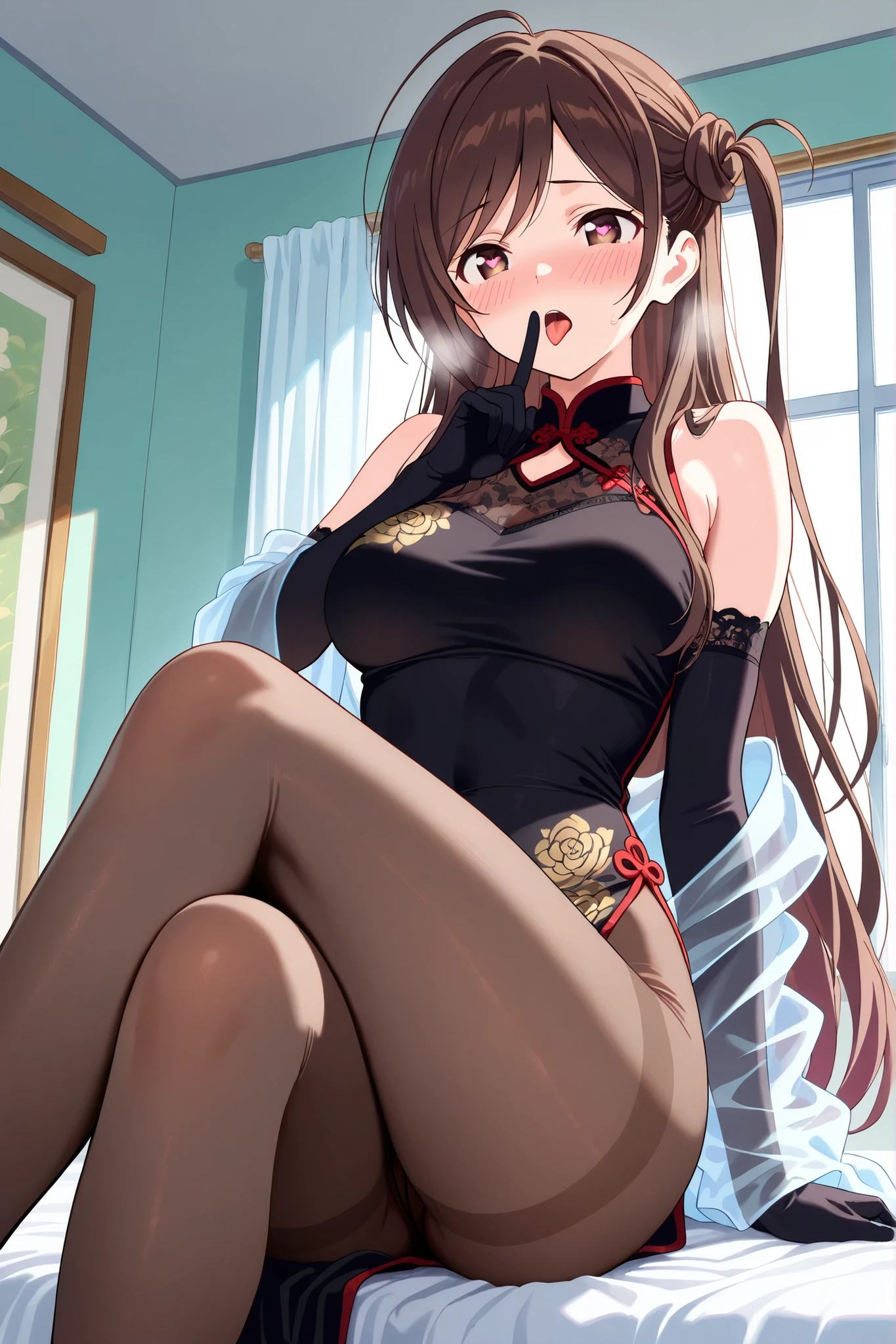 (High resolution), (32K), (very very highly detailed), (Best illustration), (beautiful and delicate eyes), (best quality), (super detailed), (master piece), (Detailed and delicate face), solo，Highly detailed face and skin texture，fine eyes，double eyelid，Spread your legs and use props、very shy、blush、spread legs，high details，Wear pin heels,(dynamic pose)，1 female, black long hair , Pitch black eyes, long legs, (camel toe)，(((big breasts)))、Exposing genitals without wearing pants，camel&#39;s toe，The protruding PUssy ，cocked ass，I grew up sexy、(((Luxurious floral pink cheongsam)))、Forehead、best style、nipple