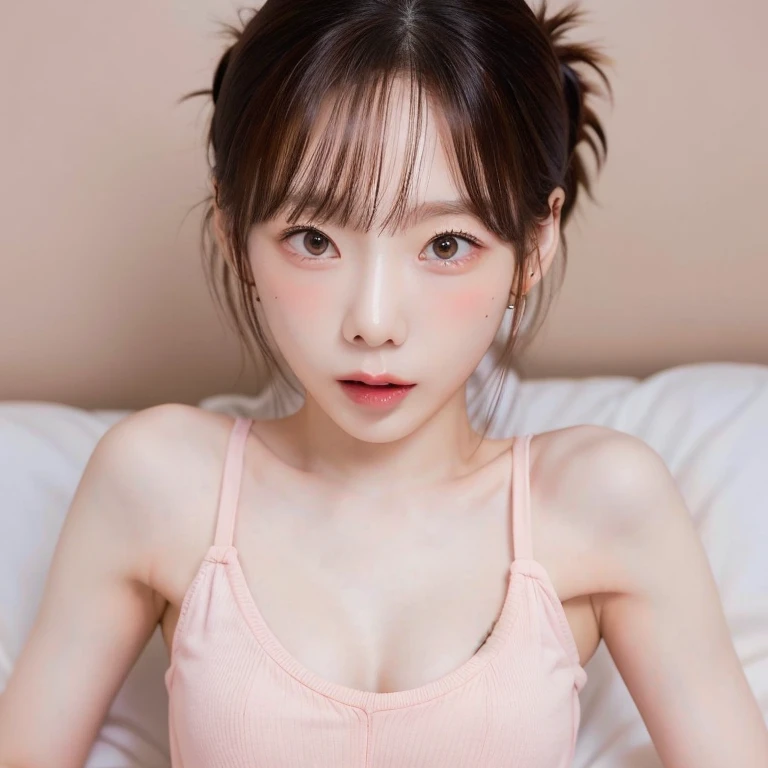 ((Best Quality, 8K, Masterpiece: 1.3)), perfect Korean e-girl makeup, sexy tank top that emphasize perfect cleavage, amazing breast enhancement, refresh, hard blushing, perfect long strong winged eyeliner, perfect cleavage, big breasts, wants your cum on her breasts, squeeze arms, shocked expression, mouth open, wide jaw drop, tongue out, perfect breast shape, chubby chin, cute face, red lips, beautiful eyes detail, sports bra, upper body focus, full lips, lively face, lustful look, breast enhancement, perfect breast cleavage line, bedroom