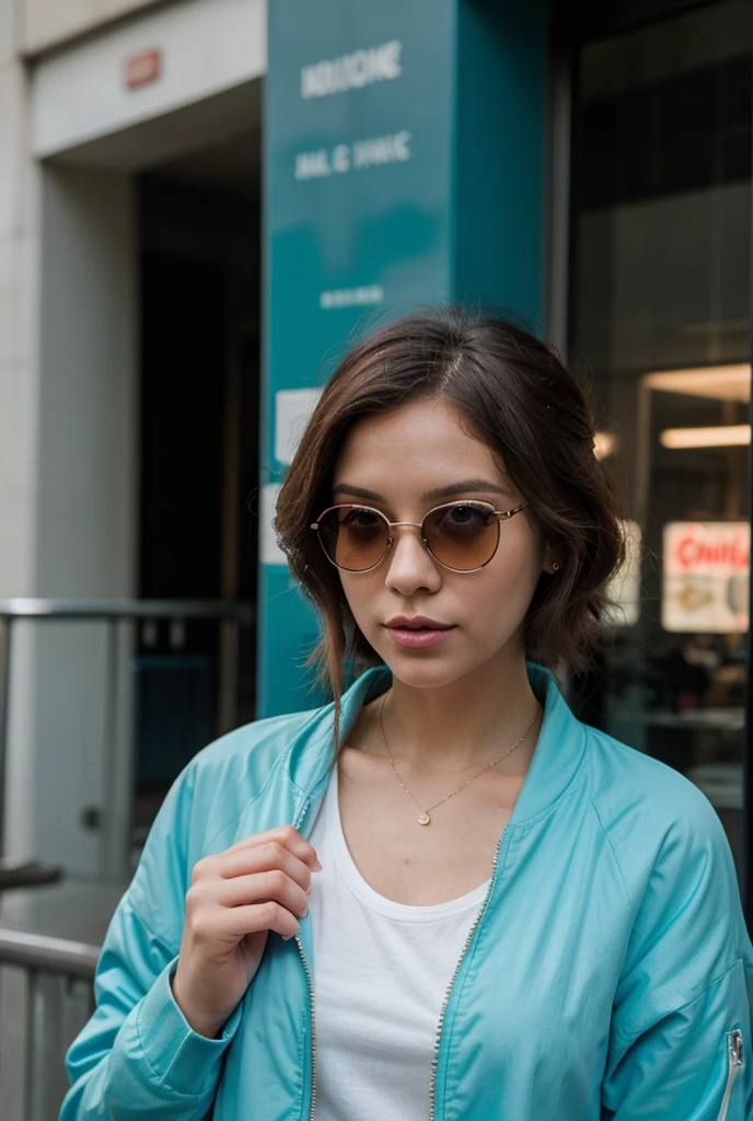 (front view:1.4), close-up portrait, (1girl:1.5), 30 year old, solo, orange spacesuit, bangs, brown(short hair:1.2), bag, blurry_background, purple neon light, backpack, zipper, urban techwear, outfit, rayban sunglasses