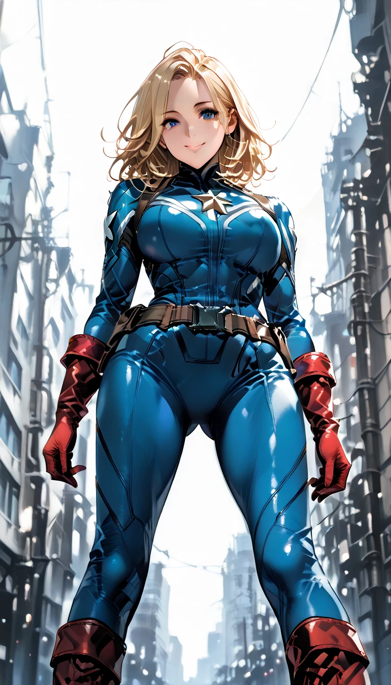 ((not Jim Lee style)) Render a full-length portrait of Marvel's Dazzler striking a fierce pose under a neon-lit city backdrop, with fireworks exploding overhead. long blonde hair, She's invoking her powers, Then she has a trail of bright light behind her, brightening up your white punk rock outfit. Be sure to capture the unique sound waves emanating from your hands and include some vinyl records scattered around you to reference your music-themed powers...