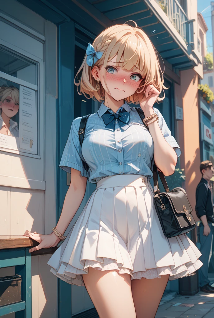Very cute girl、(I'm 10 years old)、light yellow hair、Shortcuts、Bangs too close to the eyes、Glowing red eyes、(Normal Human Ear)、Thin arms、Beautiful body、Thin legs、Flat Chest、Translucent white skin、Happy smile、Open your mouth、(Sleeveless sailor suit、Ultra mini skirt).(Rose Garden)、Playing innocently、Ultra HD、Digital SLR、Many colorful roses blooming in the background、Upper Body Shot、Sitting with legs crossed、Sitting with knees hugged、running、I know the shape of the nipples、