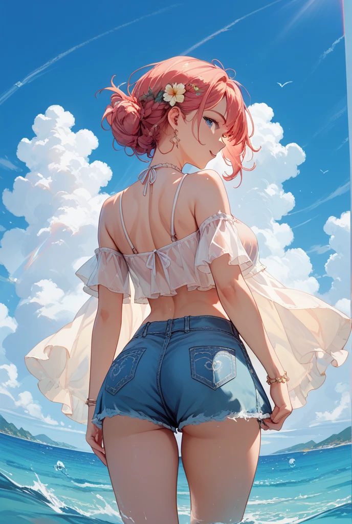 Red haired Latina, in white camisole, and big white cotton panties, big butt, back shot, wearing lipstick, smirking, anime art style, intricate details