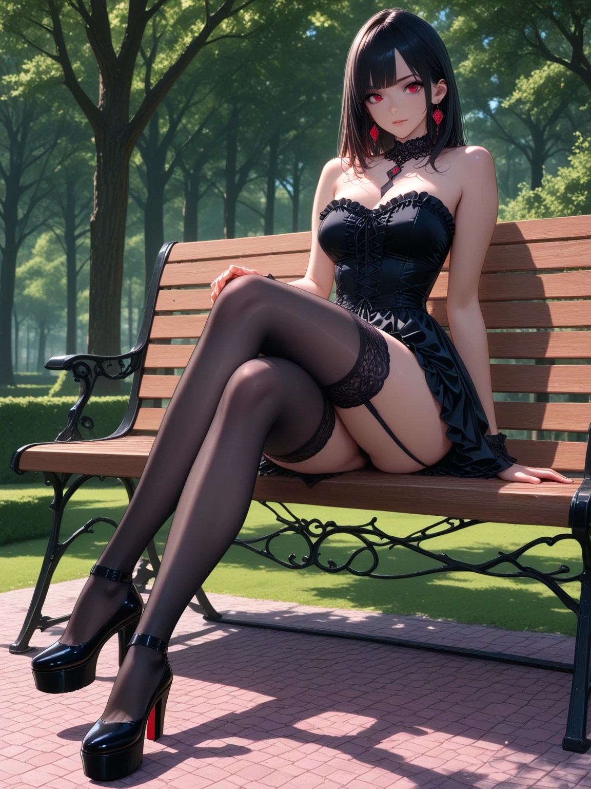tmasterpiece，Black lace pantyhose with flowers，Girl sitting on a park bench，ssmile，Laid back，Light wind，Movie side light，