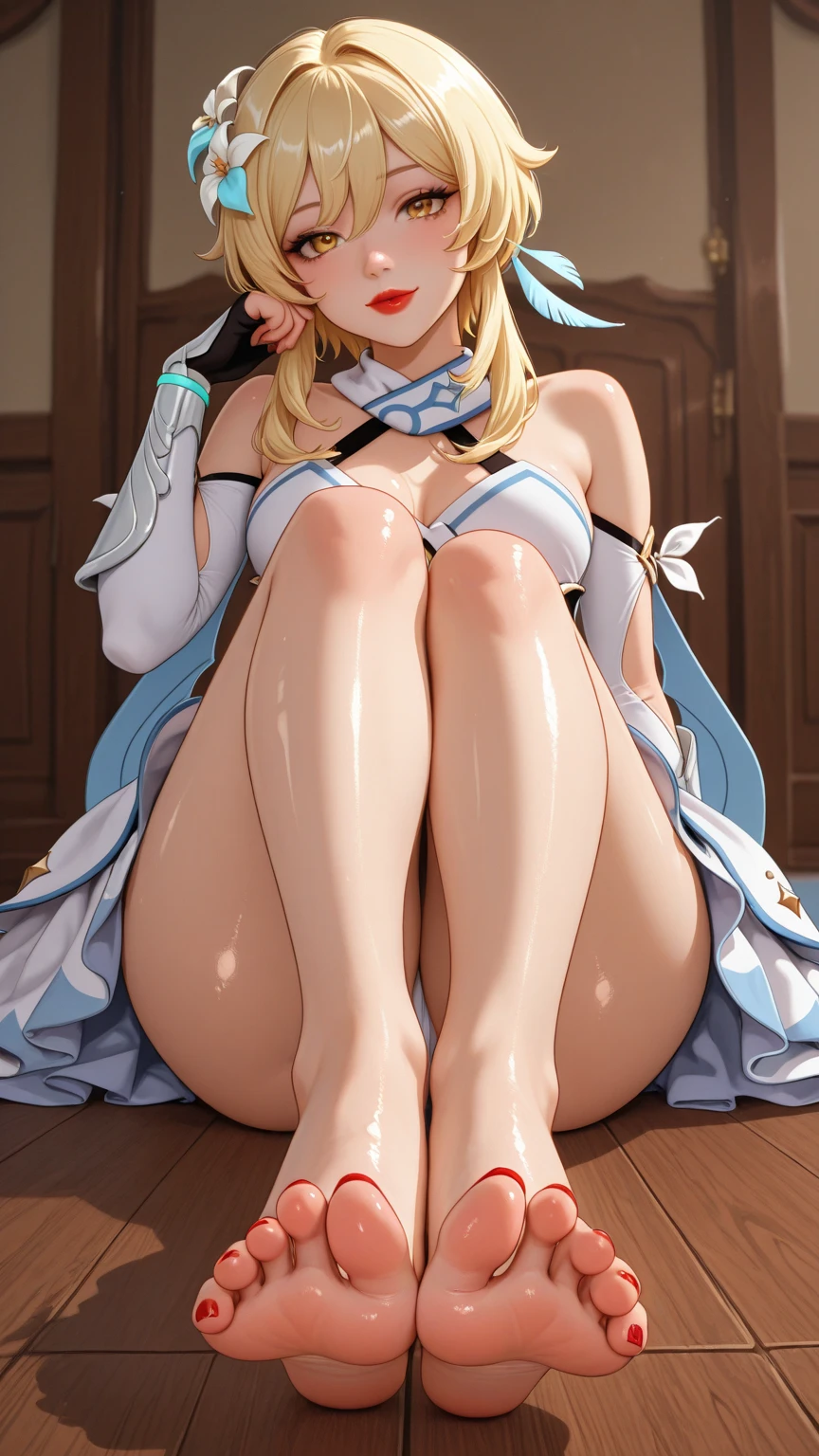 ((Highest quality、High resolution))、Beautiful woman、Perfect body、Beautiful and bountiful breasts、(tits、Nipples、Pussy、Love juice、No panties)、long blond、bangs、Blue and white、Embellished blue sexy dress、skirt、Sexually excited expression、(((Pussyを見せて誘惑してる、A woman opening her legs and inviting sex)))、Outdoor Scenery