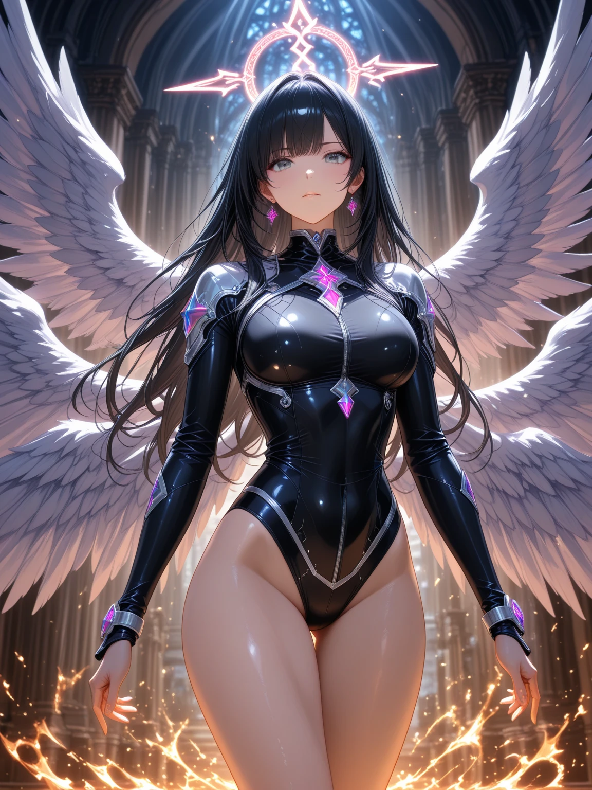 highres, forest, snowy forest, 1girl, succubus, demon wings, pretty girl, beautiful face, pretty eyes, purple eyes, smiling, smilling sadistically, long hair, purple hair, hair bang, straight hair bang, black strands of hair, mommy, mature woman, cleavage, big cleavage, dress, long dress, white dress, white latex dress, dress open on the sides, gloves, long gloves, latex gloves, nylon stockings, high heels