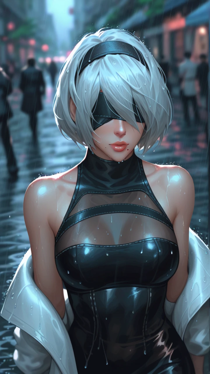 (Best quality, 4k, Masterpiece :1.3), full body standing symmetrical beautiful woman, hyper realistic, 1girl, (drooping breasts, attractive body :1.2), sit-ups :1.1, short red hair: 1.1, (wet rainy, wet by rain, wet body :1.2), ultra-detailed face, detailed lips, detailed eyes, double eyelid, low-necked dress, open neckline, hanging breasts, side pose, visible curves, pool party, poolside, red transparent robe, red sunglasses, muscular turned arms behind body