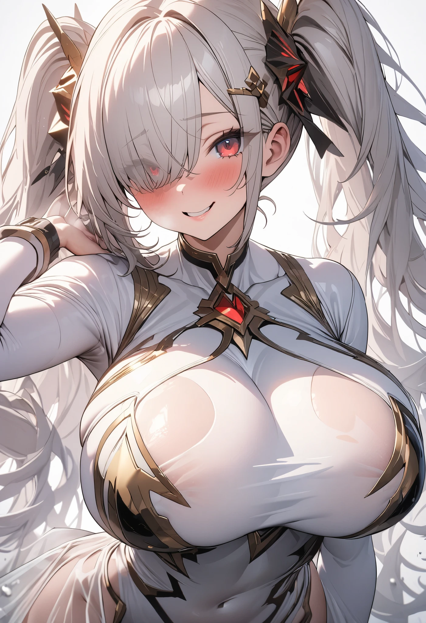 full body, white hair, ponytail, long ponytail, multicolored hair, honkai star rail, skinny, upper body focus, focus, detailed face, solo, solo focus, alluring face, shiny, shining, earrings, accessories, sprakling, sparkle, no cover, kiana kaslana, bare neck, perfect neck, bare shoulders, collarbone, detailed collarbone, perfect shoulders, bare arms, perfect arms, perfect fingers, battlesuit, honkai star rail costume, costume, cover, futuristic