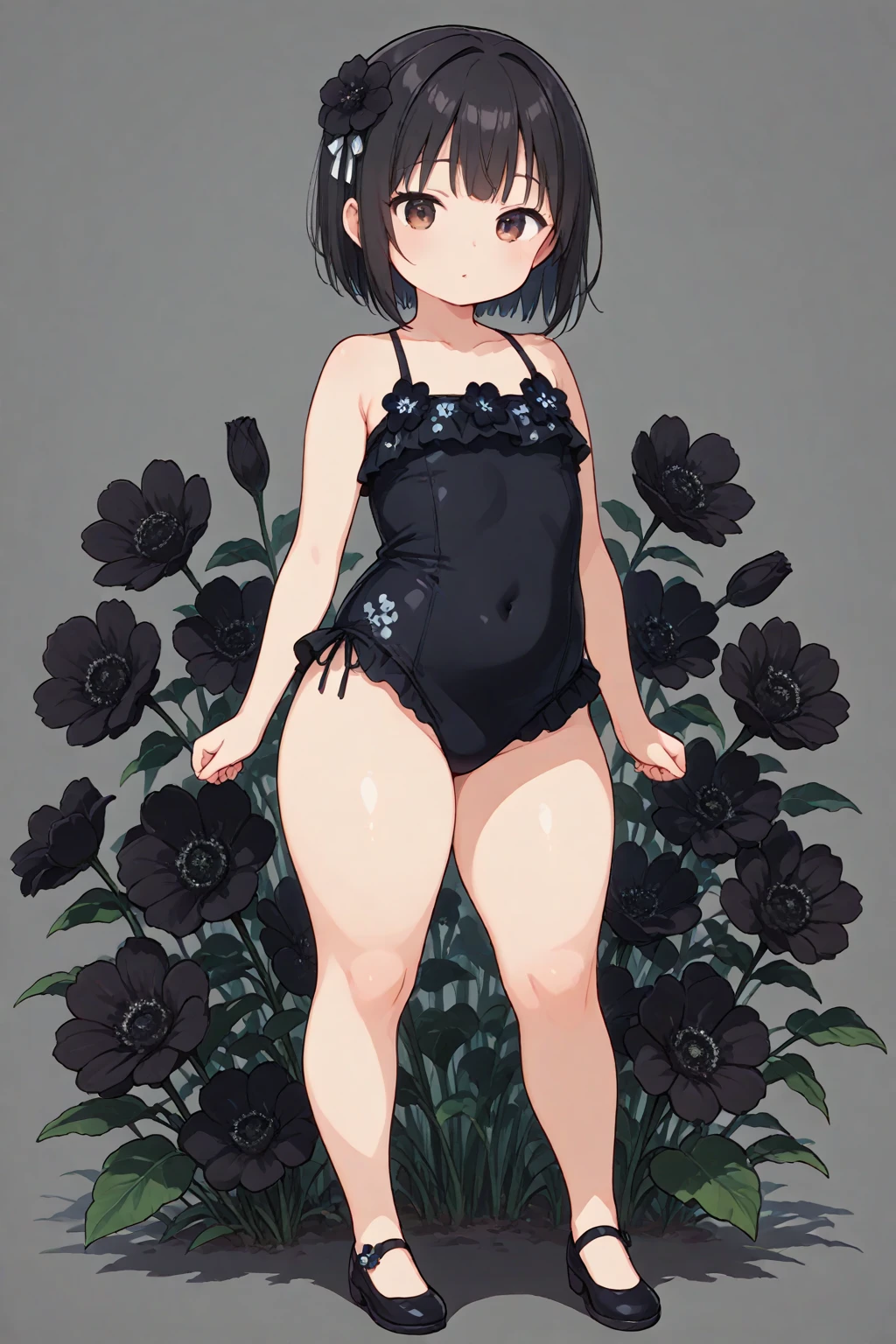 core!frisk, monochrome girl ((grey skin as well)), 1girl, solo, void eyes ((including sclera)), mature female, short black hair, full body, slim body, big breasts, big butt, wide hips, blushing, smiling, sext, beach, black bikini