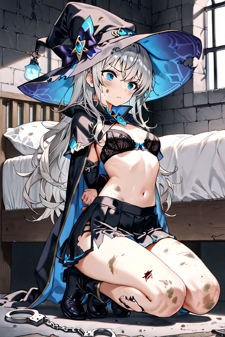 1girl,ayachi nene,  <lora:AyachiNeneV1:0.9>, cleavage, large breasts, belt,witch hat, cape,blush,bed,spread legs, navel,