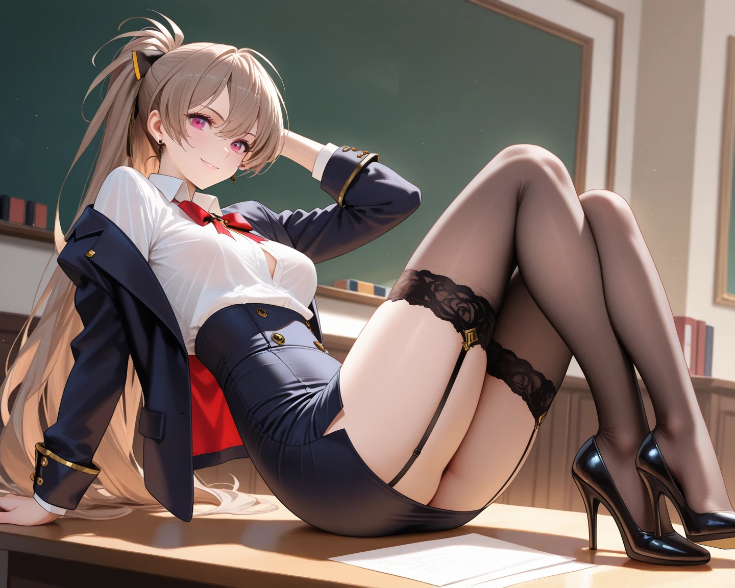 ((masterpiece:1.5)),((Finest quality)),(Ultra-high precision),8k picture, Top quality anime, Highest level of resolution,sharpnes,spread legs, legs up, nose blush,  collared shirt, blazer, pleated skirt, school uniform, bow, garter belt, hair ornaments