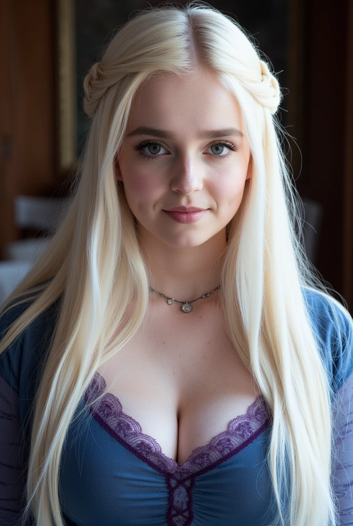 Fermer, photo brute de Daenerys Targaryen, very detailed, station artistique, lisse, Sharpness, 8K, tendance sur Instagram, tendance sur tumblr, hdr 4k, 8K, white lingerie, (huge breasts:1.5), (Sexy Pose:1.5), (SFW)