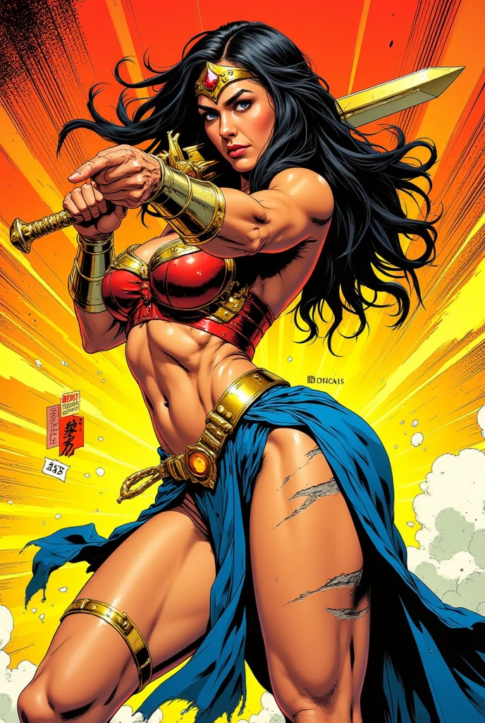 a drawing of a woman with a sword in her hand, high quality colored sketch, Estilo de Arte DC Comics, Lineart colorido, full color illustration, inspired by José Comas Quesada, Frank Cho, inspirado em Jim Lee, colorful sketch, Lineart colorido, Desenhado no estilo de Mark Arian, inspirado em Henry Justice Ford, Colorido digitalmente super detalhado (((modern comic colors rendering 3d colors)))