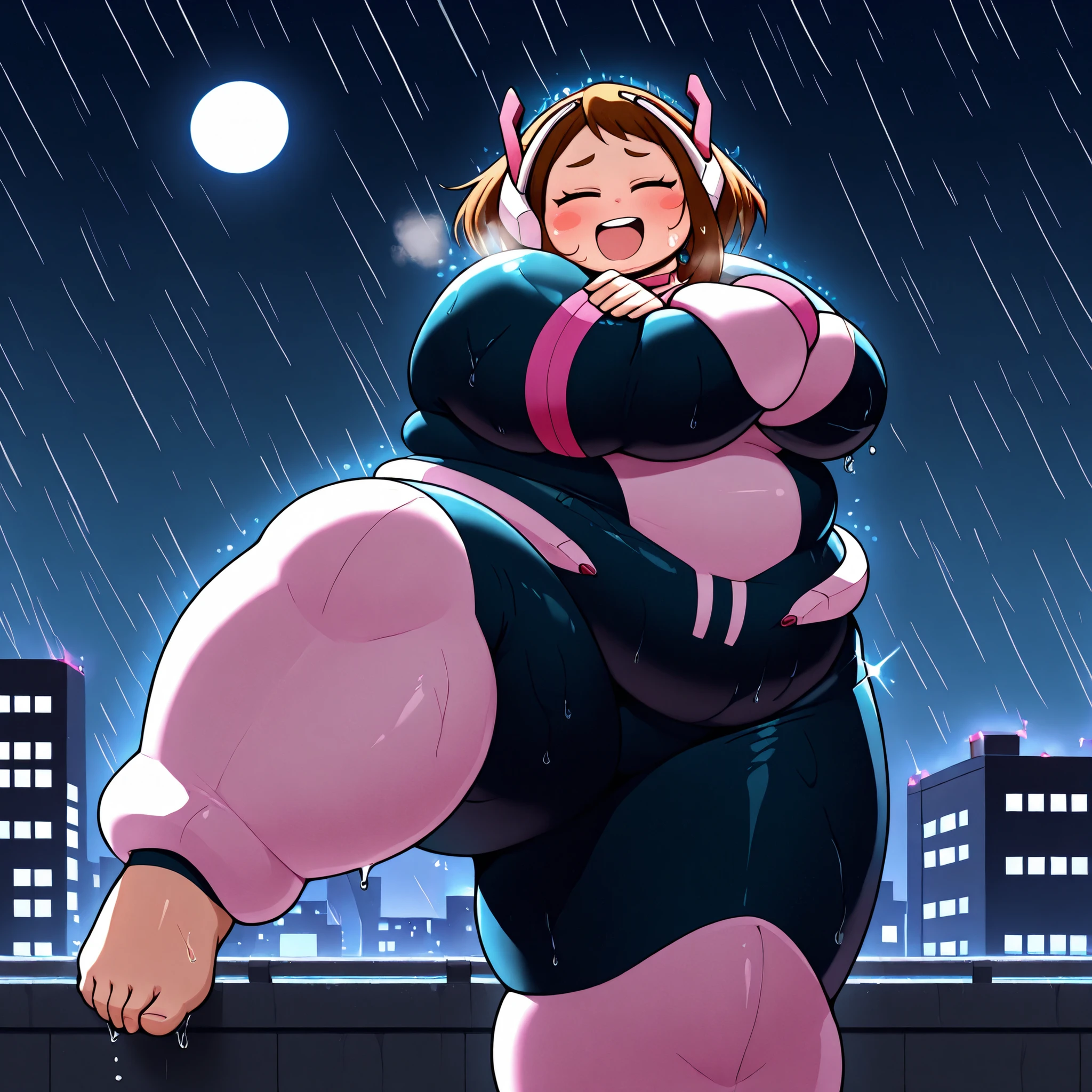 masterpiece, best quality, 1girl, solo, looking at viewer, urarak4, brown hair, short hair, blush stickers, , outdoors, rooftop, cityscape, building, (rain), , , cowboy shot, brown eyes, uravity_suit, pink armbands, multicolored bodysuit, headgear, pink collar, night, starry sky, wet clothes, wet, wet hair, moon, city lights, dark theme, dim lighting, dark background, silhouette, backlighting, light smile, fat, chubby, obese, gigantic arms and legs, large breasts open mouth, out of breath, sparkle, crossed arms, close up, closed eyes, dancing, standing on one leg, from side,full body shot, showing feet,