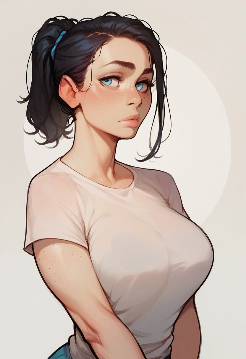 beautiful girl, long black hair, bangs, rounder face, droopy nose tip, small round red lips, round cheeks, intense dark round asian eyes, beauty spot above eyes, average body, chubby legs, soft stomach, short body height, flat body, (small breasts), ((head picture)), ((nude)), solid white background, exaggerated open mouth
