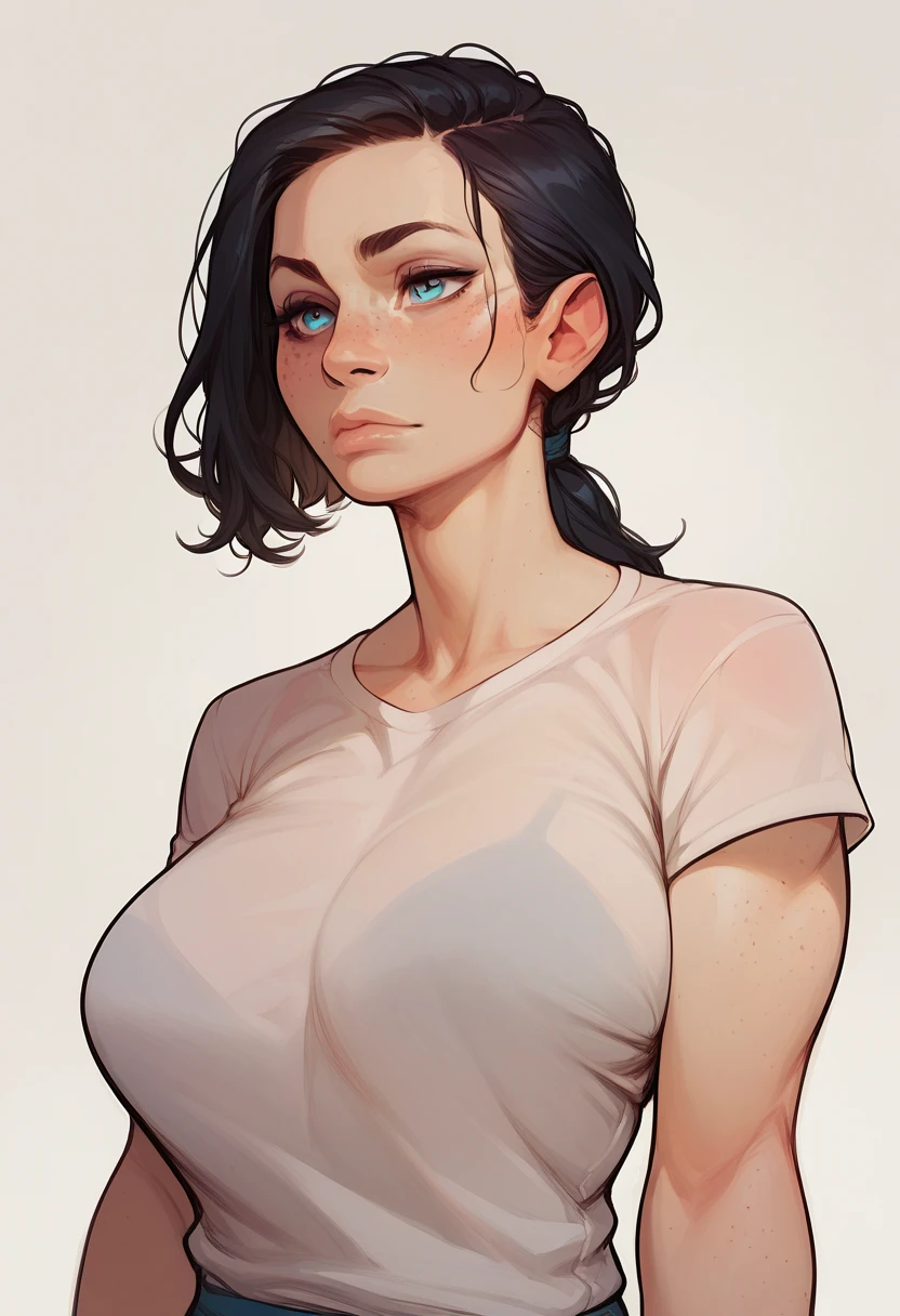 masterpiece, absurdres, (masterpiece), best quality, expressive smile, perfect face, short hair, black hair, fleshy mouth lips, freckles on face, white tank top, black jacket over tank top, close up, portrait, pale-skinned female, large breasts, (masterpiece), best quality, expressive eyes, perfect face, ((correct anatomy)), ultra detail, 8k wallpaper, detailed character design, ultra-high resolution, perfectly composed, clear, rating_questionable, (detailed lighting), huge breasts, gorgeous girl, stylish girl, bra strap, milf, mature female, naughty smile, colored hair, looking from back,from behind