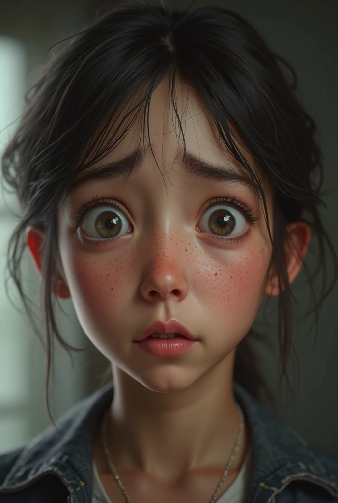 A close-up of a young girl's face, filled with terror as she encounters a horrifying scene. Her eyes should be wide open with fear, tears welling up and reflecting the dreadful sight before her. Her mouth should be slightly open, as if she's about to scream. The skin should show detailed textures, with subtle signs of sweat or goosebumps, giving a realistic appearance. The lighting should be dramatic, casting strong shadows that emphasize her frightened expression. The background should be dark and blurred, hinting at ominous shapes or figures, keeping the focus on the girl's terrified face. Include elements like stray hairs falling across her face and slight trembling to enhance the sense of fear.