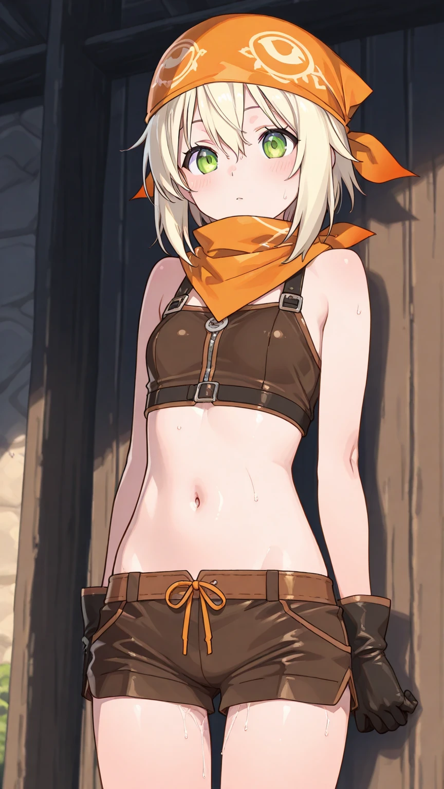 flat chests, nsfw, masterpiece, 1 girl, erect nipples, intricately detailed, topless, navel, bare shoulders, necklace, blonde, short hair, baggy pants, dwarf, leather belt, hammer, blacksmith, smithy, stones, rocks, extremely detailed, photorealistic, octane render, 8 k, unreal engine, bare breasts, , yellow eyes, head goggles, bare stomach, sweaty, moist breath, ((child)), arm strap, fire, one side braid, 1 ear exposed, bangs, bandana, short stature, smiling, freckles, gloves, fireplace, cargo pants, petite, holding a hammer, open mouth