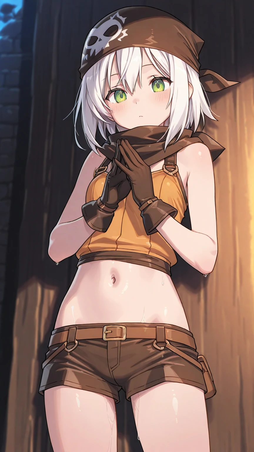 flat chests, nsfw, masterpiece, 1 girl, erect nipples, intricately detailed, topless, navel, bare shoulders, necklace, blonde, short hair, baggy pants, dwarf, leather belt, hammer, blacksmith, smithy, stones, rocks, extremely detailed, photorealistic, octane render, 8 k, unreal engine, bare breasts, , yellow eyes, head goggles, bare stomach, sweaty, moist breath, ((child)), arm strap, fire, one side braid, 1 ear exposed, bangs, bandana, short stature, smiling, freckles, gloves, fireplace, cargo pants, petite, holding a hammer, open mouth, green pants