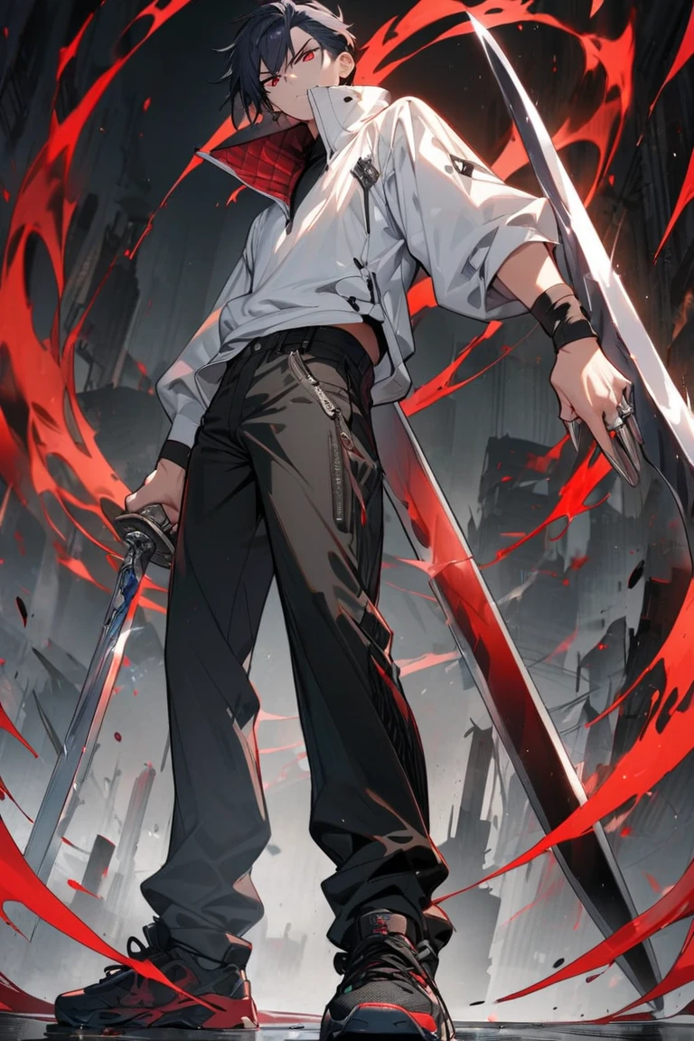 a boy, white short hair, reflective red glowing eyes, unleashing blood, holding a dagger, q shaped dagger, bloodied clothes, battle grin, modern clothing, hoodie, wounded,