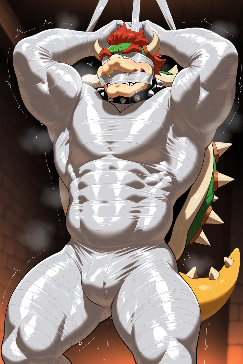 green hyper muscular dragon wearing a leather harness, hyper penis, copious amount of vicious liquid, loads of cum 1:3, full body shot, huge horns, large overbite, bara chest, braided ginger beard, mohawk, aggressively flexing, most muscular pose, detailed skin, skin blemishes, lighting should be warm and inviting, casting a soft glow and highlighting the rich colors of his flesh, background cinematic Hollywood movie style, light depth of field, vignette, highly detailed, high budget
