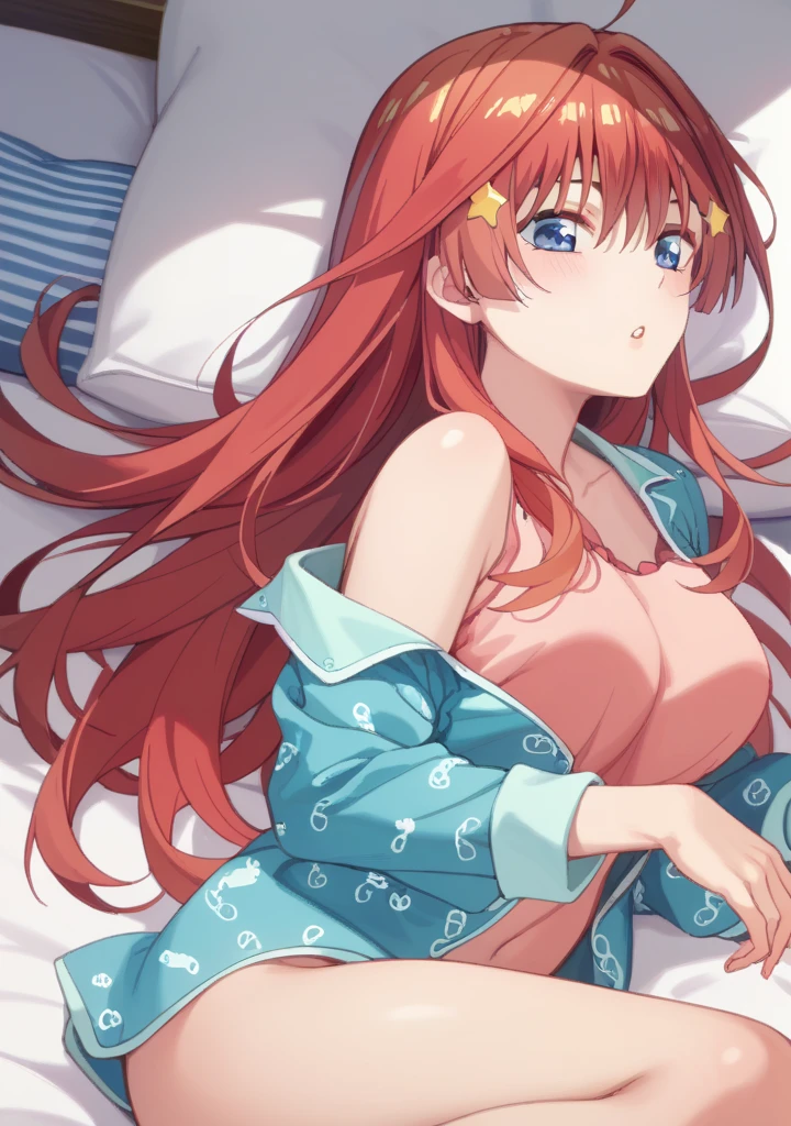 kierose,1girl,pastel colors, solo, long hair, breasts, blush, bangs hair between eyes, very long hair,blush,smile,blue_eyes,red_hair,open_mouth,blue sky <lora:kierose_xl_v1:1>,looking at viewer, indoors,flower_print,green pajamas,lying,on side, soine,dutch angle, pillow, large breasts,