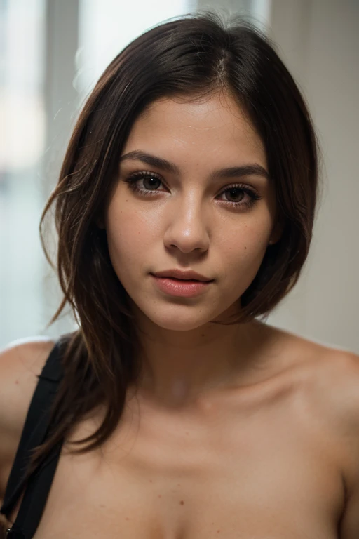 Lens: 105mm Model: Woman, 24 years old, Brazilian Setting: Studio Description: I would like a high-quality headshot of a 24-year-old Colombian woman taken with an 85mm lens in a studio setting. The image should be crystal clear with flawless skin and eyes, showcasing a perfect and professional portrait. Key Details: Lighting: Use soft, diffused lighting to highlight the facial features without creating harsh shadows. A fill light can be used to even out the skin tone. Expression: The model's expression should be natural and friendly, conveying a sense of confidence and well-being. Skin: The skin should be flawless, without any blemishes, imperfections, or signs of fatigue. Makeup should be subtle and professional, enhancing the model's natural beauty. Eyes: The eyes must be clear and vibrant, free of any redness or fatigue. Sharpness in the eyes is crucial to capture the model's expression and essence. Image Quality: The photo must be of the highest quality, with enough resolution to allow for enlargement without losing detail. There should be no noise or unwanted blur.