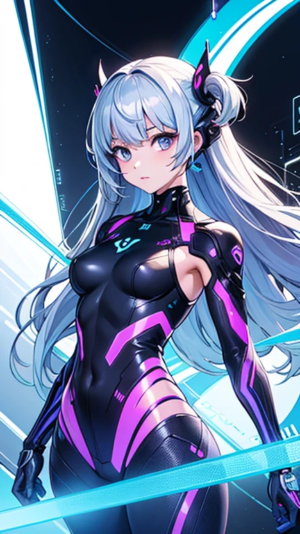 (best quality, masterpiece, RAW photo,ultra-detailed:1.2),1girl,solo, slight smile, looking at viewer,
long hair, purple hair, blue eyes, braid, single braid, hair intakes, hair over shoulder, mature female, huge breasts,sitting, from below, spread legs,
,hair between eyes , beautiful, <lyco:DANWGFWL-01:0.8> neon light,