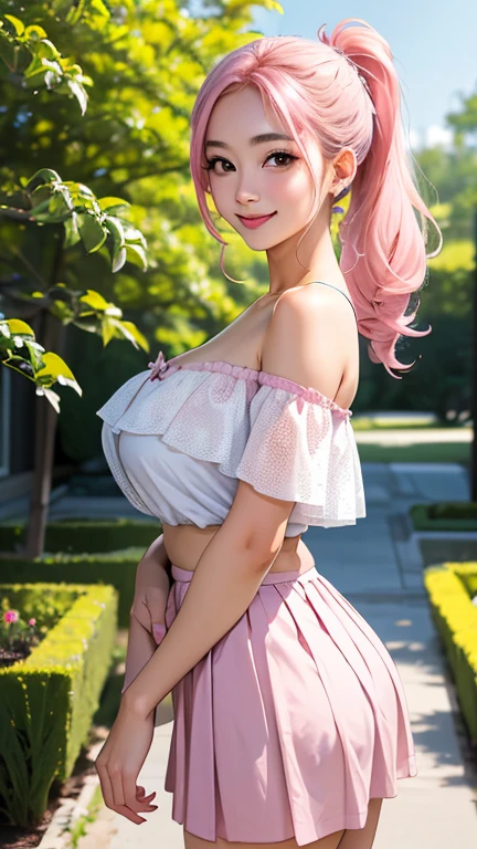 1 Girl, Beautiful, Baby Face, 20 Years Old, White Skin, Huge Colossal Breast, Sexy Pose, Cleavage, ((Pink Strapless Mini Dress)), ((Holdup Stocking)), ((Seetrough Dress:1.3)), Pastel Colour, Blue Eye, Muscles, Bokeh, Farmer Outdoor, ((Muscles:1.3)), ((Pink Twintail)), HDR Sky